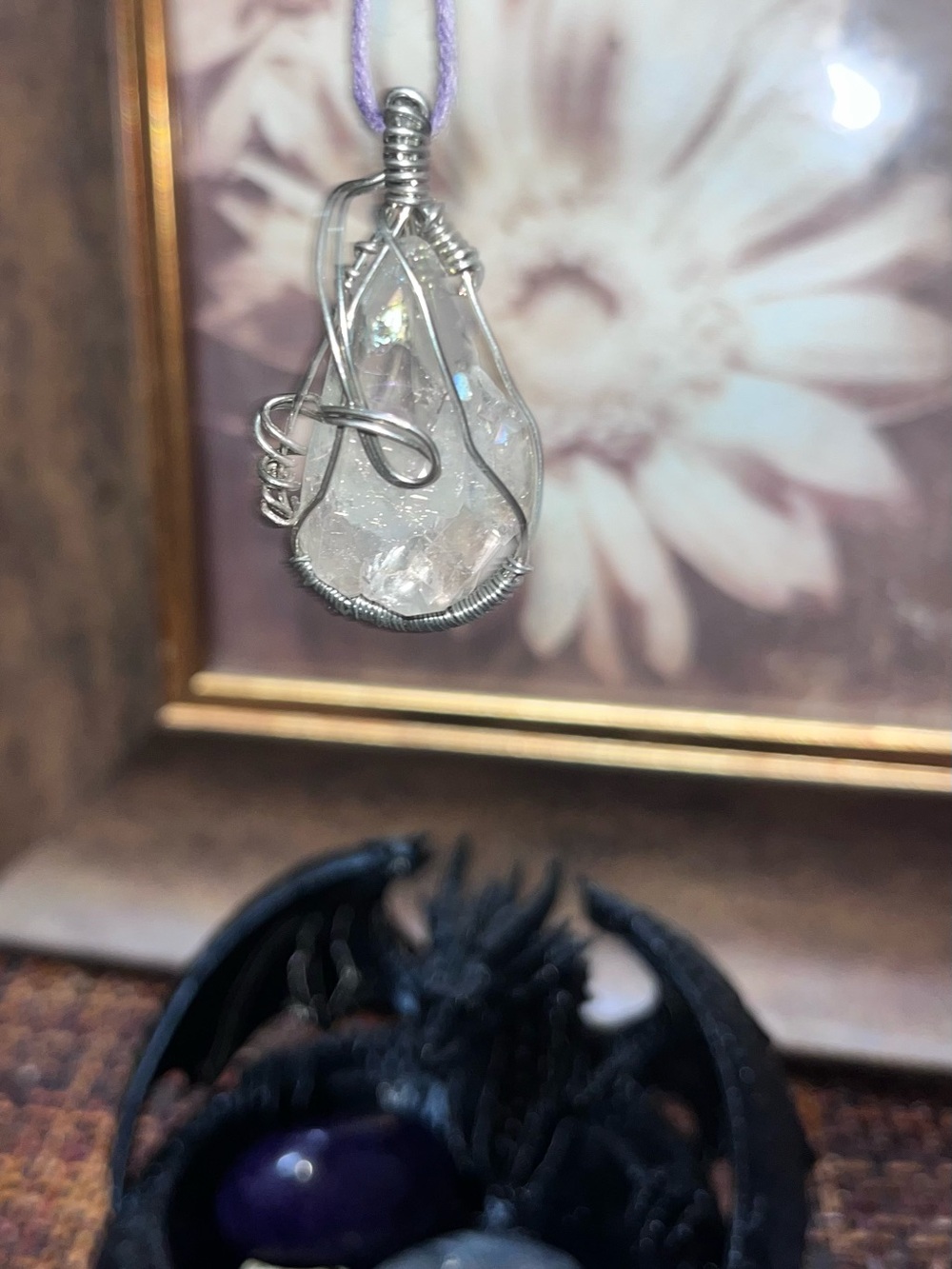 Handcrafted Silver Wire Wrapped Rainbow Crystal Pendant Necklace - Lavender Cord